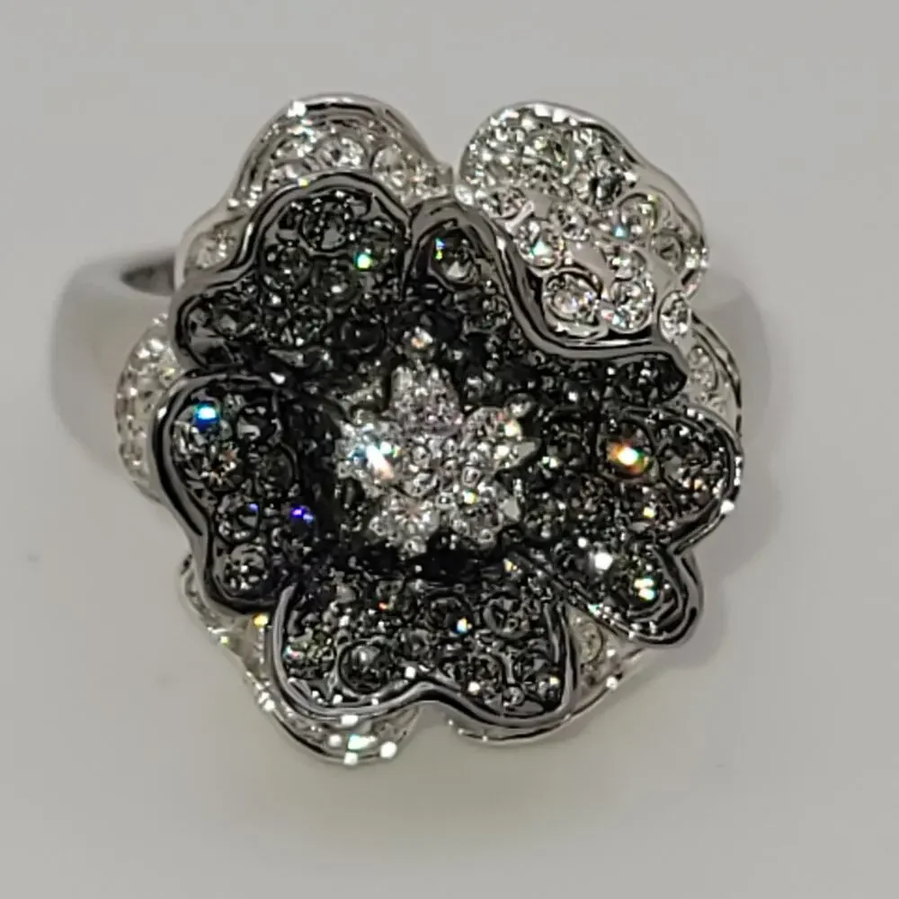Vintage Nolan Miller Black & Clear Pave Crystal Flower Ring